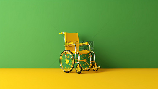 3d 渲染的绿色背景下荒凉的黄色轮椅