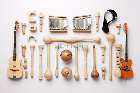 j字母logo背景图片_白色背景中排列的乐器和木槌