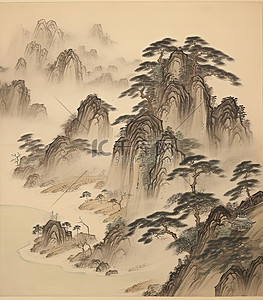 宣宣背景图片_有松树和小屋的山