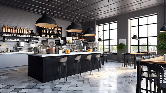 现代感厨房背景图片_现代咖啡厅厨房内饰以 3D 渲染，营造出现代感