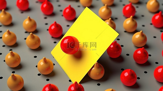 红色图钉刺穿打开的黄色便签的 3D 渲染