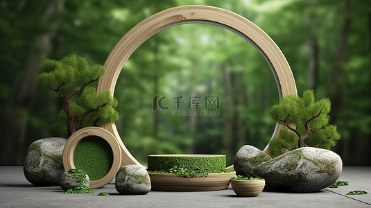 郁郁葱葱的绿色环境中木材和石材设置的有机氛围 3D 渲染