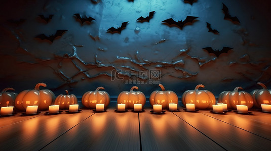 万圣节主题 3D 背景，配有蝙蝠蜡烛和铭文