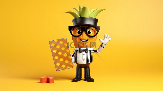 动画时髦菠萝吉祥物，配有电影拍板和时尚时尚，在阳光明媚的黄色背景下 3D 渲染