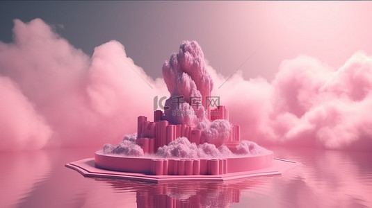 粉红色抽象幻想 3d 渲染中带有浮云的空基座