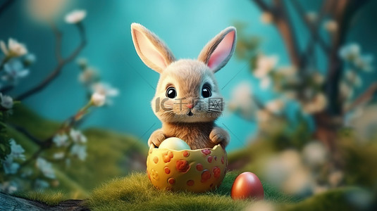 可爱的复活节兔子在 3D 插图中庆祝鸡蛋日