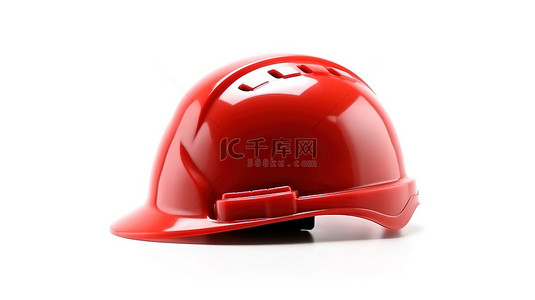 戴着红色塑料安全头盔的白色背景的 3d 渲染