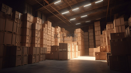 仓储仓库中 3D 堆叠纸板箱的物流概念
