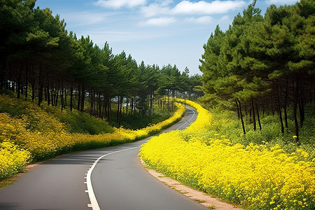 长路背景图片_一条被黄花和森林包围的长路