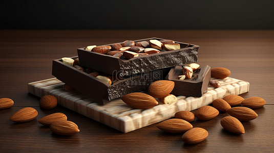 3D 渲染丰富的黑巧克力片，上面配有杏仁