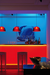 厨房酒吧背景图片_家庭厨房区域的红色和蓝色壁灯
