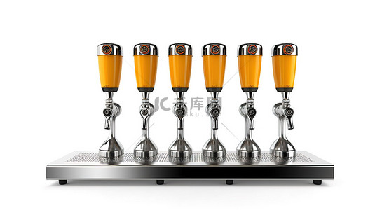 物品啤酒背景图片_带五个自来水啤酒塔和分配器手柄的白色隔离泵的 3D 插图