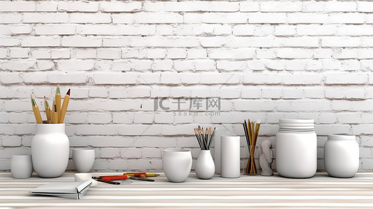 白色木桌上的空工作区，配有砖墙和 3D 办公用品渲染