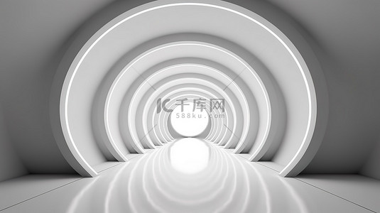 具有几何地板和照明 3D 渲染的当代简约隧道