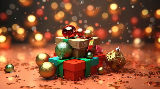 设计。圣诞树背景图片_欢乐节日 3D 渲染插图贺卡，配有装饰品星星树和礼品盒