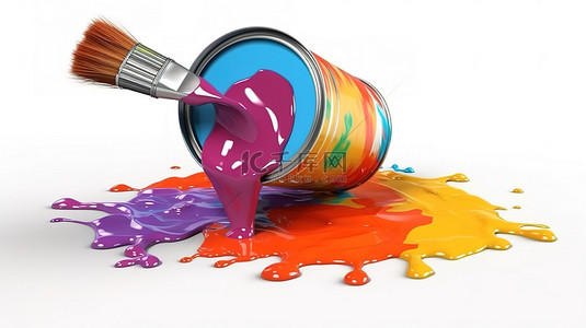 桶背景图片_白色背景上的彩色画笔和油漆罐增强了 3D 插图