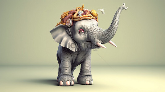抓住背景图片_异想天开的 3D 大象抓住大脑插图