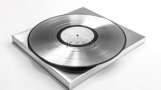音乐唱片机背景图片_空白纸套中的复古银色乙烯基唱片，具有白色背景和空间，适合您的设计 3D 渲染