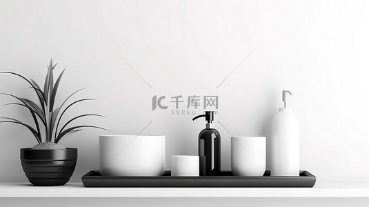 白色桌面，配有浴室配件，顶部有空白空间，以 3D 渲染的白墙背景为背景