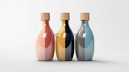 白色背景 3D 渲染的彩色现代瓶子样机，配有木盖