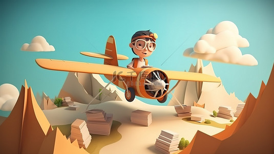 3D 儿童书籍插图背景中顽皮的孩子骑纸板飞机
