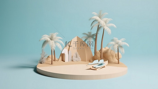 夏季销售讲台展台 3d 渲染，用于在夏季模拟场景中展示海滩度假产品