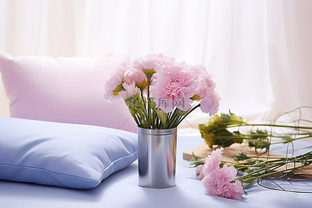 枕头上背景图片_桌子上的鲜花，背景是枕头