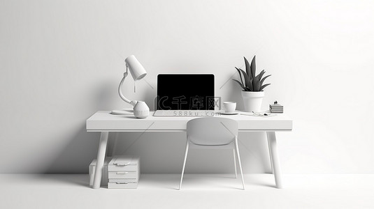 简约的白色办公桌，配有创意工作空间和 3D 渲染纸张设计
