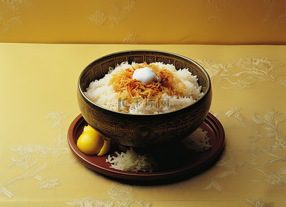 鱼籽拌饭背景图片_一碗韩国米饭在一张纸上