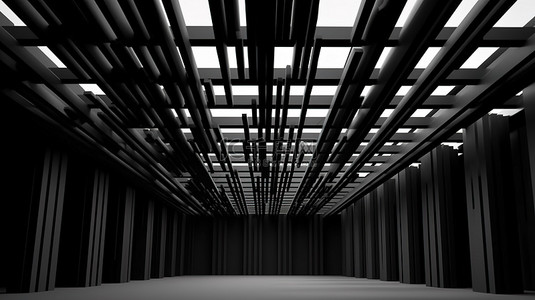 时尚的黑色建筑简约建筑的 3D 渲染，具有大胆的天花板横梁和墙壁设计
