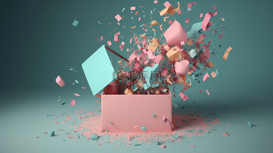 打开礼盒背景图片_柔和背景中五彩纸屑的爆炸打开礼盒显示 3D 渲染中的空白