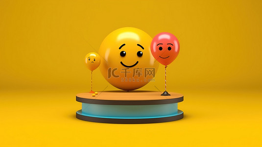 3d 失望表情符号的讲台与表情符号气球浮动背景