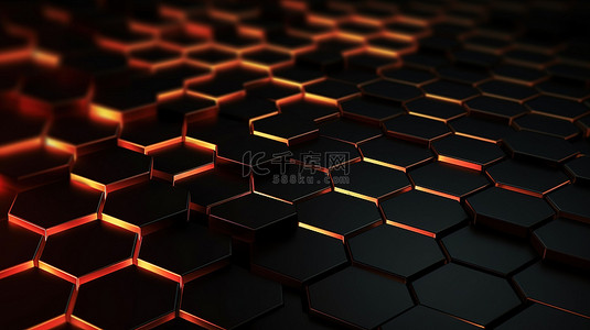 黑色抽象背景 3d 渲染上的六角形辉光