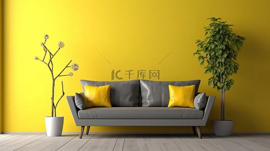 墙壁沙发背景图片_3D 渲染的现代客厅配有灰色沙发和黄色口音墙