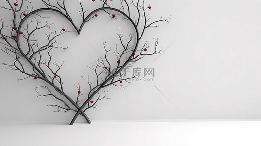 3D 插图中的心形树枝，带有空白文本空间