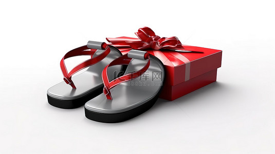 现代凉鞋的 3D 渲染从白色背景上绑着红丝带的礼品盒中出现