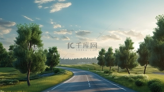 黎明的曙光 3D 插图，描绘了一条穿过绿色田野和树木的风景优美的道路