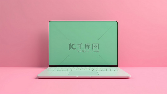 用品模板背景图片_绿色背景，带有孤立的粉色笔记本电脑和空白白屏 3D 渲染屏幕样机模板