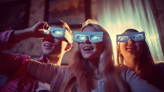 水彩画女人背景图片_一群快乐的年轻人戴着 3D 眼镜在家享受电影之夜