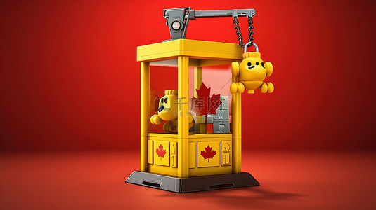 加拿大蔓越莓背景图片_加拿大元货币主题机器人玩具爪起重机的 3D 概念图