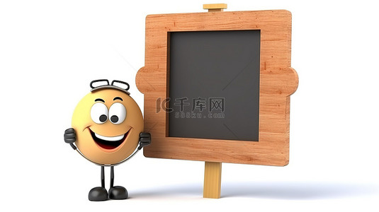 闹钟海报背景图片_室外显示屏的 3D 渲染，具有闹钟字符吉祥物和白色背景上的空白木制菜单黑板