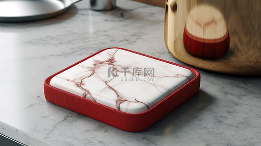 木板和大理石台面模型上带有红色边框的隔热垫的 3D 渲染