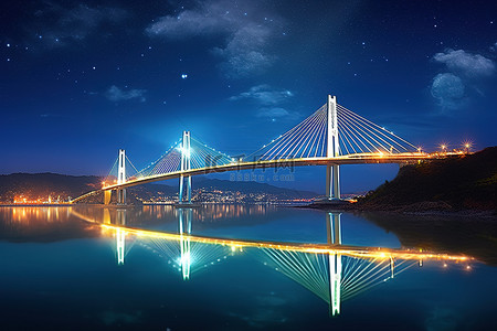 月光海背景图片_韩国的光流和月光下的大海上的一座桥