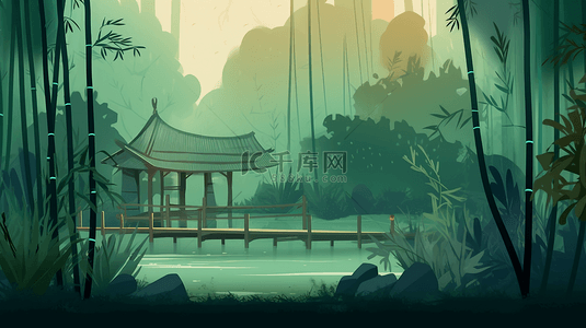 中式背景图片_竹林背景中式建筑竹景小院竹叶卡通的自然背景