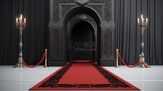 黑色地毯背景图片_vip 概念黑色阿拉伯门与红绳屏障红地毯和 3d 渲染