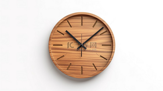 老式时钟背景图片_白墙 3D 渲染上显示的当代木制圆形时钟