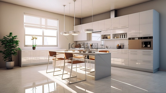 家居厨房背景图片_时尚而简单的 3D 渲染图，展示了带岛和椅子的现代厨房