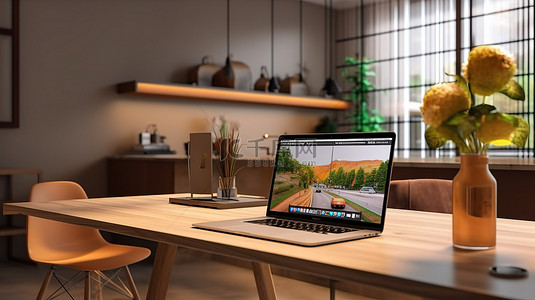 电脑办公桌面背景图片_别致家居中的现代办公空间，配有双笔记本电脑模型和木制台式电脑 3D 渲染