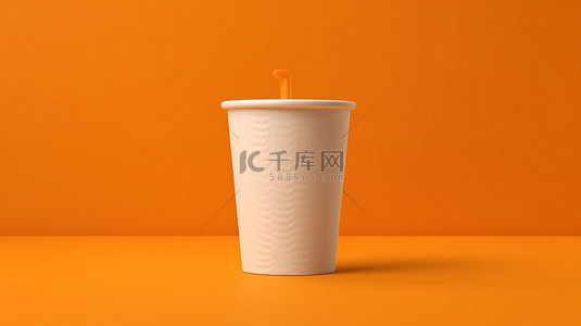 3D 渲染的白色纸杯，装满苏打水，放置在橙色背景上