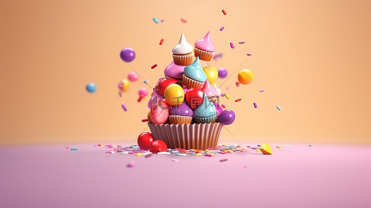 纸杯生日蛋糕背景图片_3D 渲染的彩色纸杯蛋糕层叠在简约的浅色背景上，用于贺卡